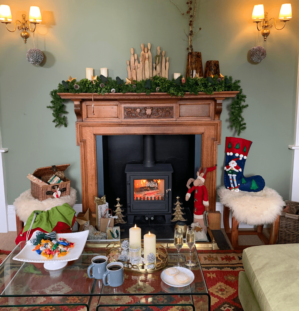 Christmas decorations and log burner